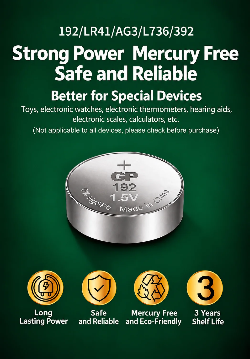 GP 1.5V Alkaline Button Battery Coin Cell 192 LR41 AG3 L736 392 For Watch Calculator Toy Small Electronic Devices