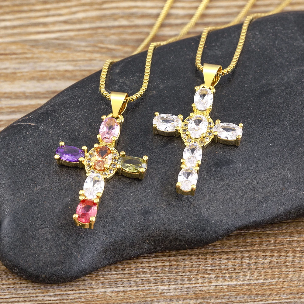 AIBEF Cross Rhinestone Pendant Necklace Copper CZ Religion Colorful Inlay Crystal Jewelry Accessory INS Popular Romantic Gift