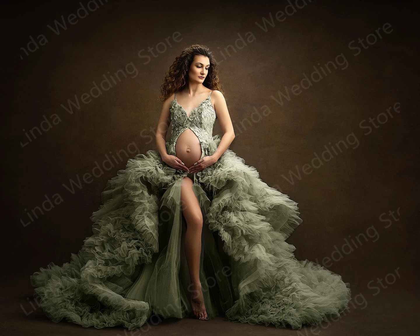 Lace Appliqued Maternity Dress for Photography Spaghetti Green Pregnant Photoshoot Robe Photo Shoot Dresses Women Baby Shower