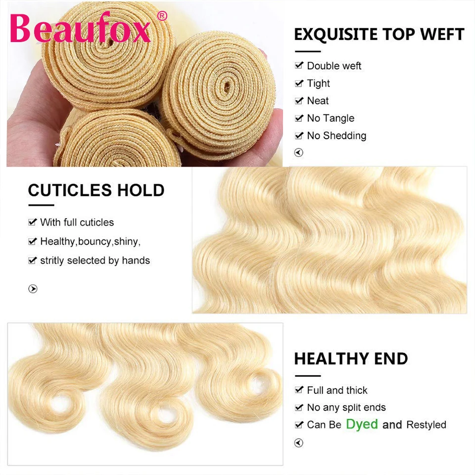 Beaufox 613 blond pasma typu Body Wave ludzki włos klasy 12A nieprzetworzone indyjskie faliste ludzkie włosy splot 1/3/4 zestawy miodowy blond