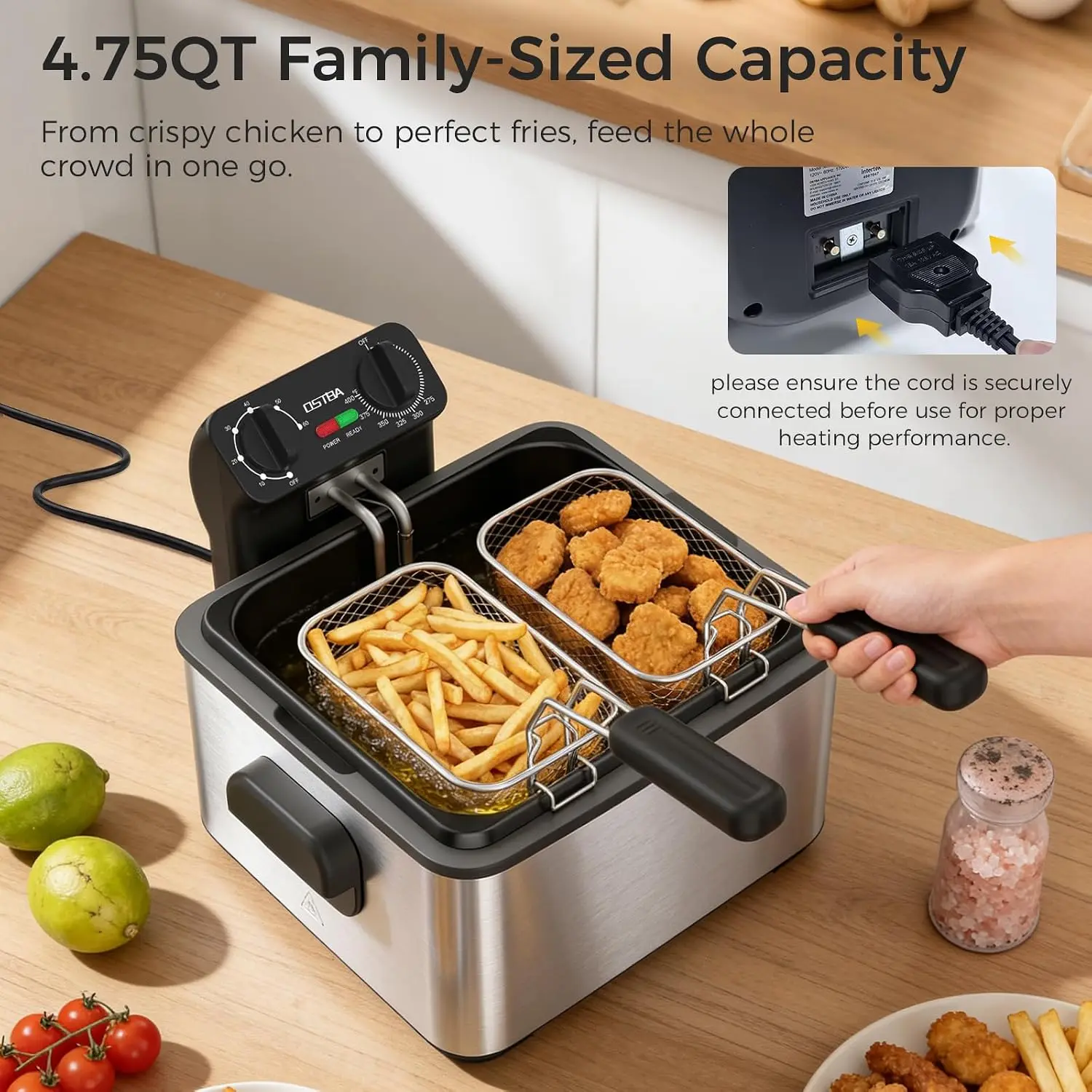 Electric Deep Fryer with 3 Baskets, 4.75QT Stainless Steel Countertop view 4