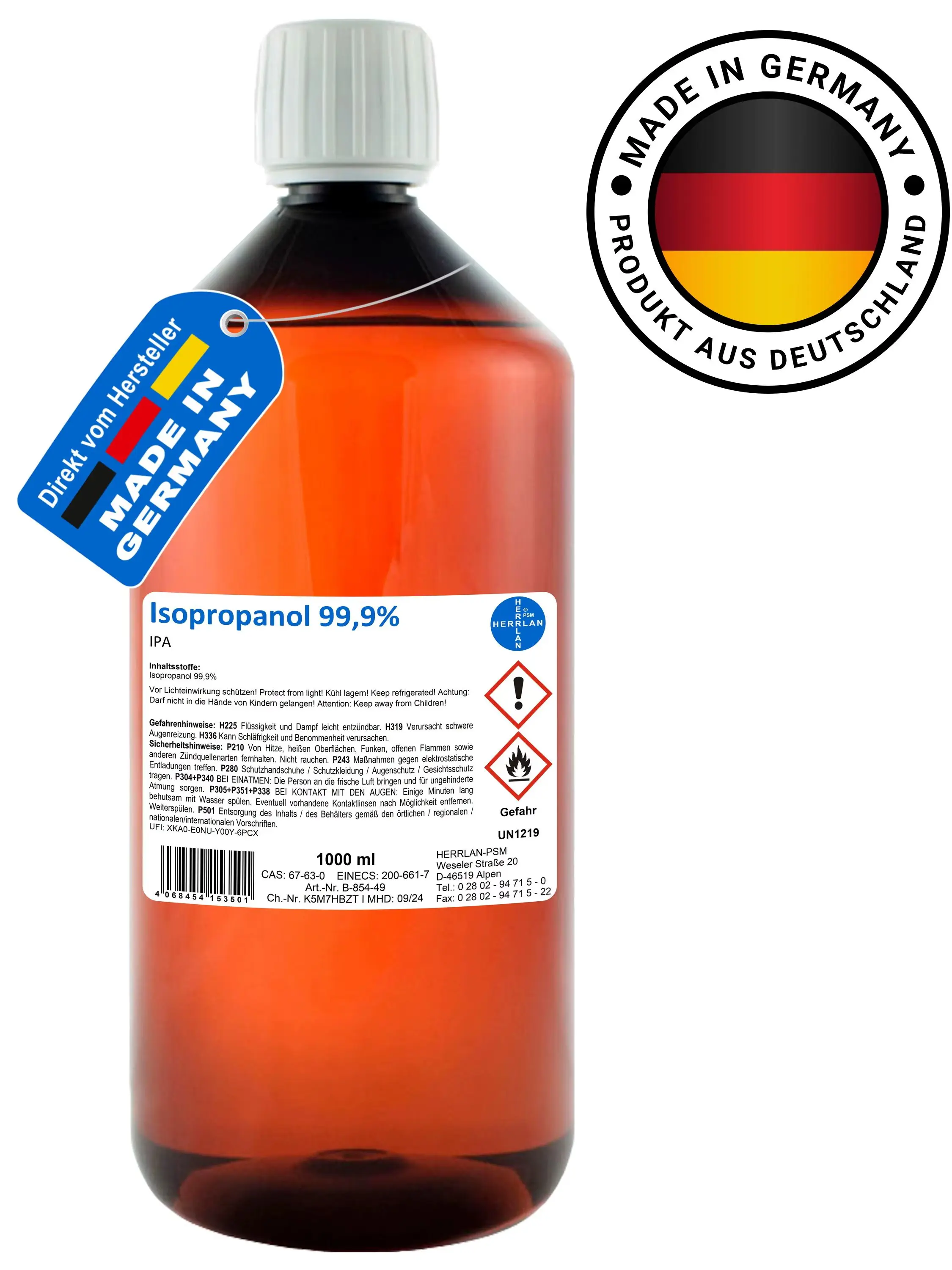 HERRLAN ® Isopropanol 99,9%-1000 ml reinigingsalcohol & vetvrij - residuvrij en geurloos - Gemaakt in Duitsland - afbeelding 2