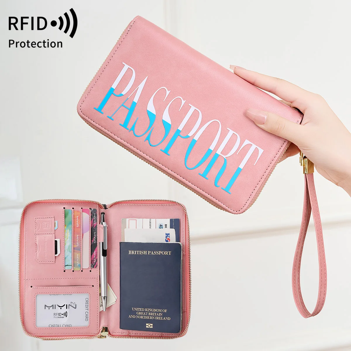 

New RFID Blocking Zipper Passport Bag Multi slot design Travel Ticket Card Document Storage Bag with Detachable Wrist Strap