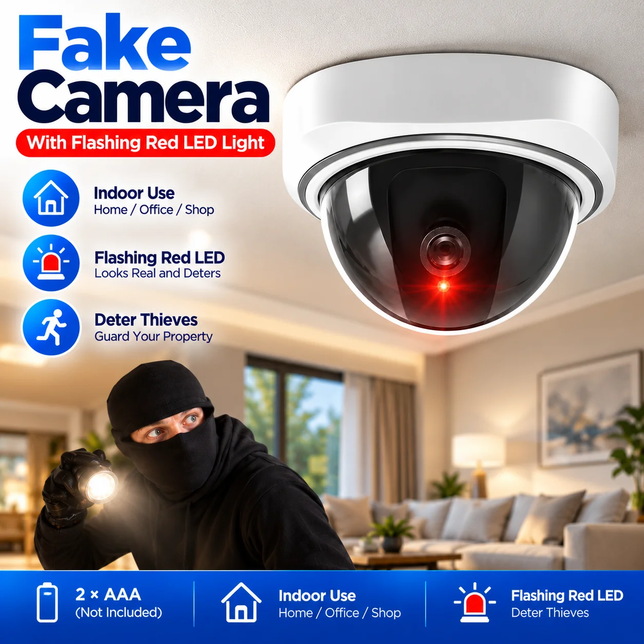 Indoor/Outdoor Dummy Smart Surveillance Camera Home Dome Waterproof Fake CCTV Security Camera with Flashing Red LED Lights