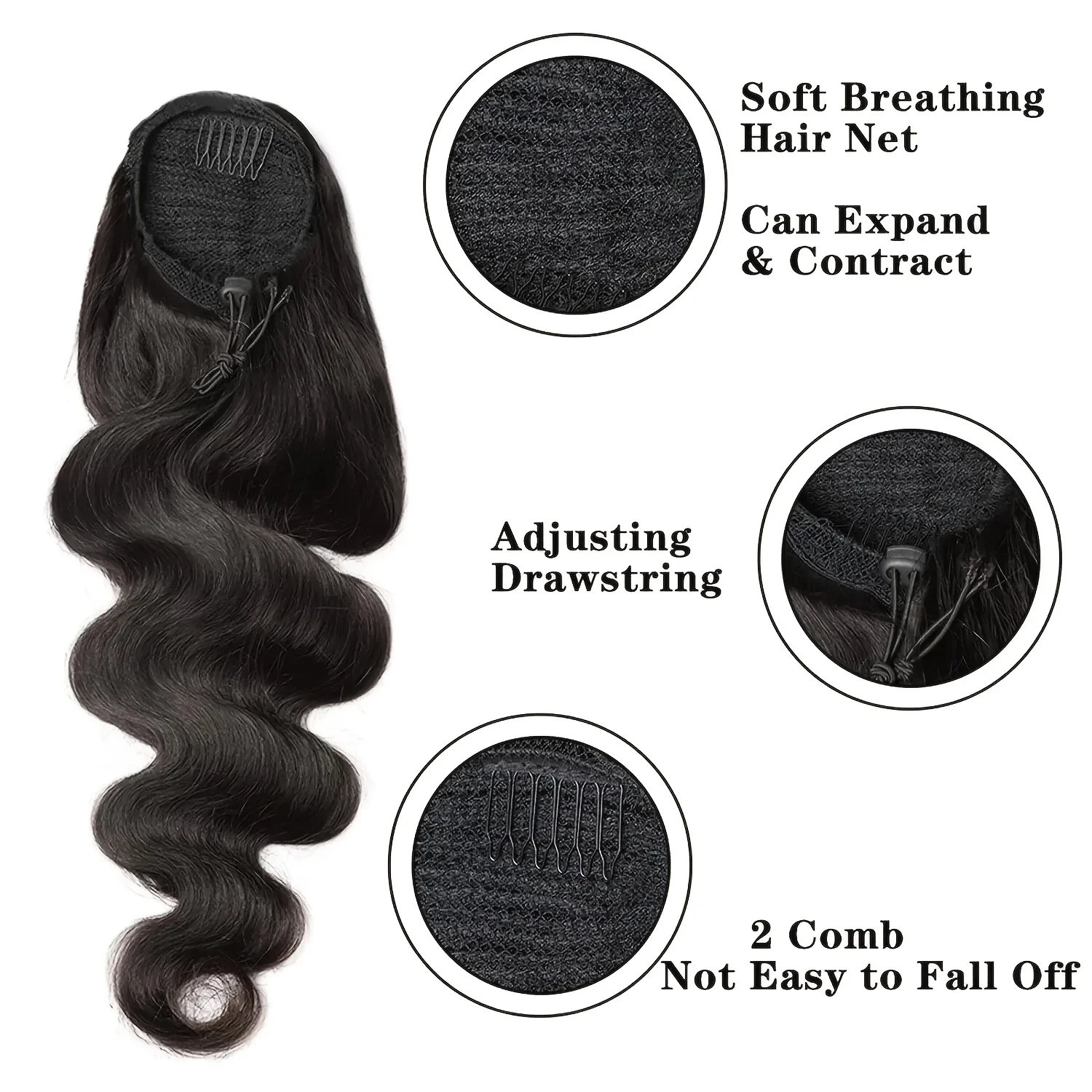 الجسم موجة ذيل حصان 100% شعر بشري حقيقي الرباط ذيل حصان دبابيس داخل وصلات الشعر المستعار للنساء ذيل حصان اللون الطبيعي