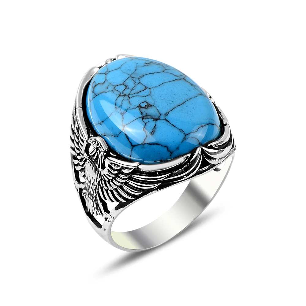 

Eagle Turquoise Ring for Men Oval Gemstone Ring,Double Eagle Man Ring, Father Day Gift Men Gift Ideas 925k Sterling Silver