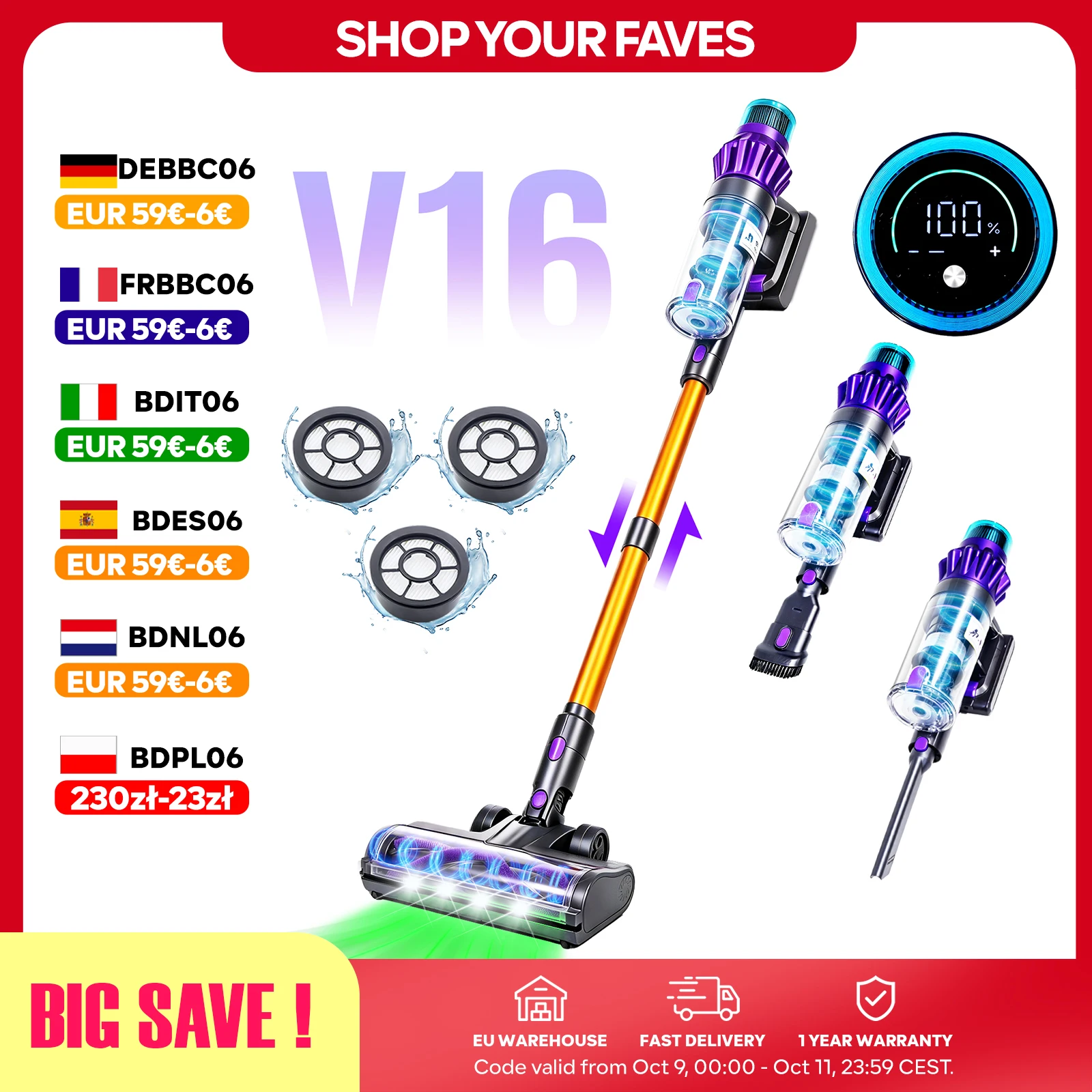 V16 Aspirateur sans Fil, 500W 75Kpa 60min, Écran Tactile, Mode Auto, Capteur de Poussière Infrarouge, Filtration HEPA 6 Étages, 60min Autonomie, Batterie Amovible, Écran LED pour Sol Dur, Moquette et Poils d'Animaux