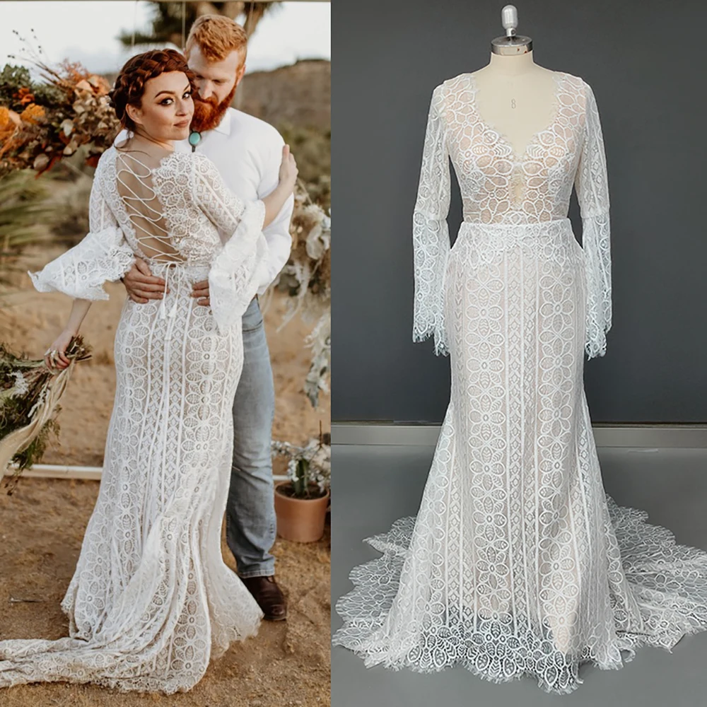 Elopement Long Butterfly Sleeves Boho V Neck Wedding Dress Custom Made Criss Cross Rustic Backless Lace Up Mermaid Bridal Gown