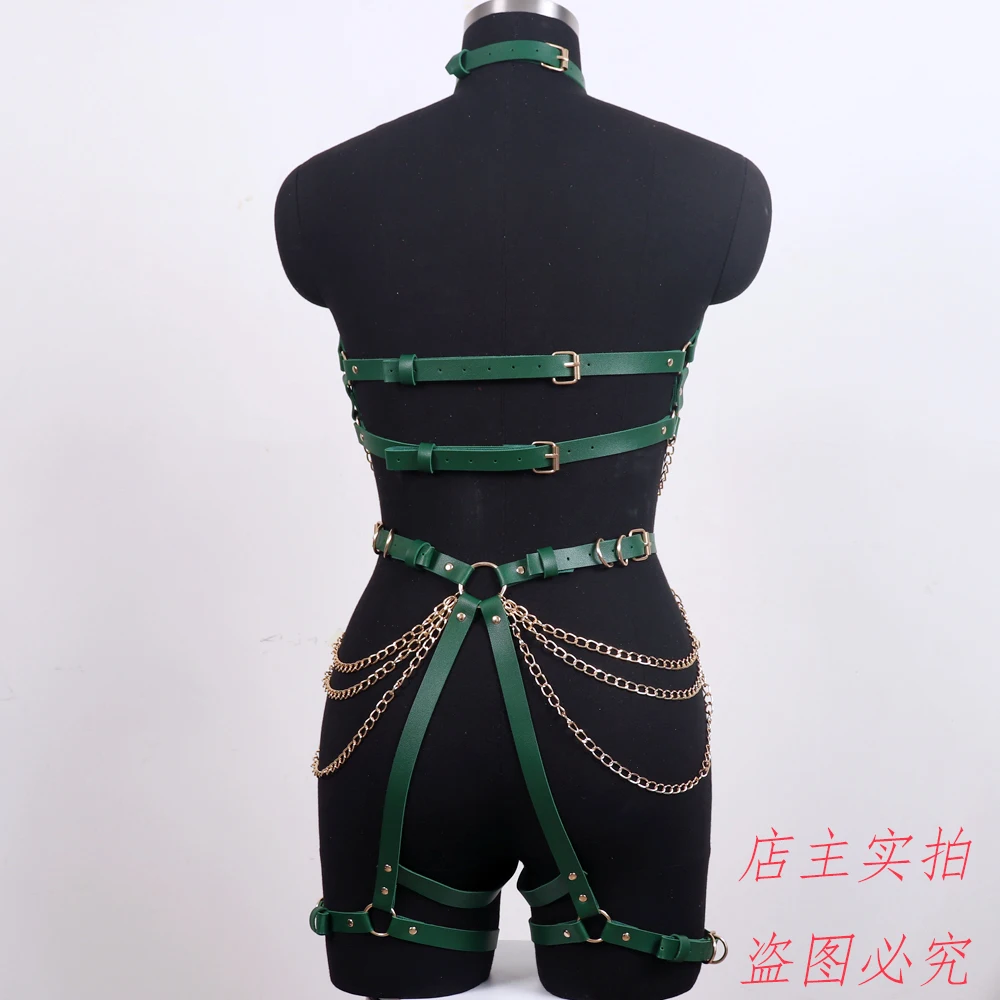 Green PU Leather Harness Belts Women Chest Bondage Lingerie Adjustable Leg Harness Goth Straps Suspenders Pastel Goth Rave