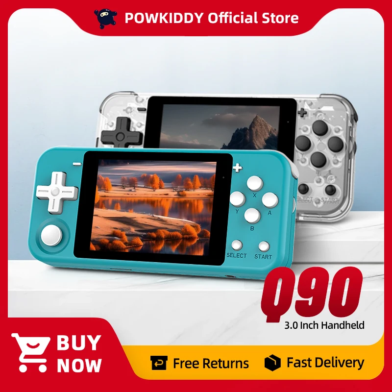 POWKIDDY Q90 3-Inch IPS Screen Handheld Console Dual Open System  Game Console 16 Simulators Retro PS1 Kids Gift 3D New Games