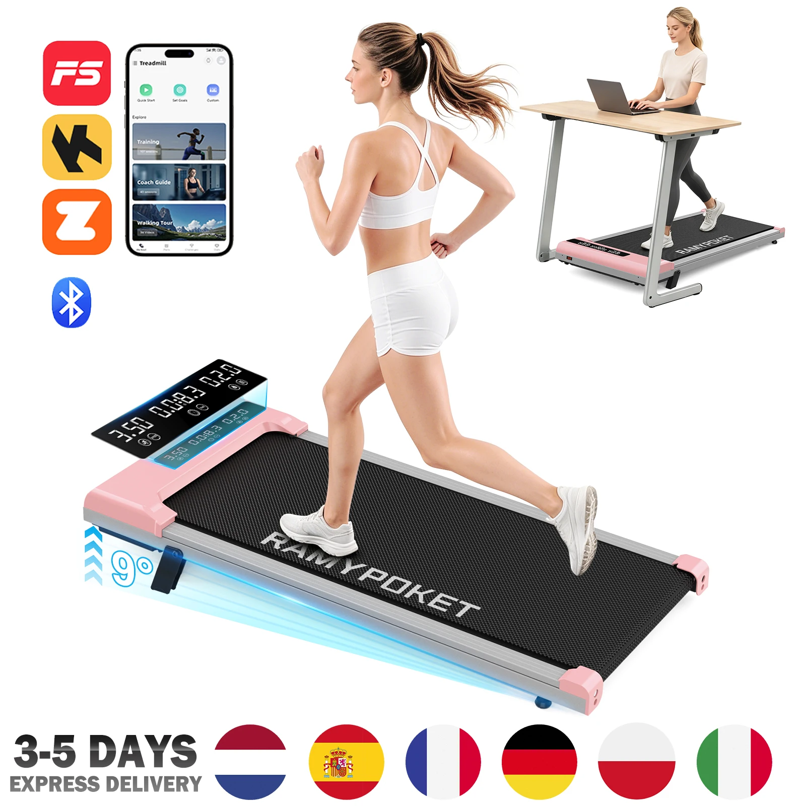 RAMYPOKET Walking Pad 9% Incline App Control&LED Three-Window Display 2.5HP 120KG 1-8KM/H Portable Treadmill Foldable For Home image 3