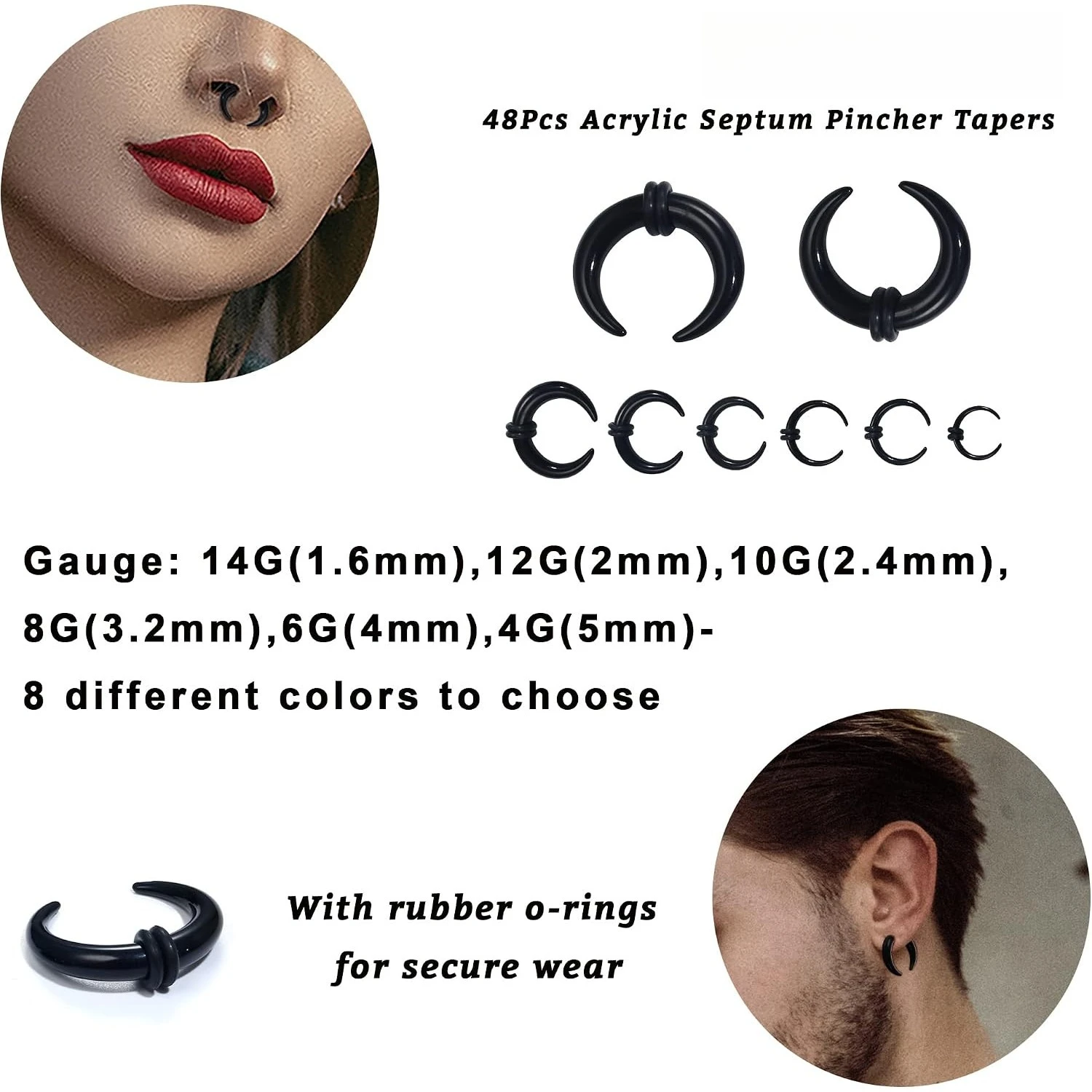 48Pcs Acrylic Septum Stretching Kit Set for Men Women C Shape Buffalo Pincher Tapers Nose Ear Gauges Expander Hypoallergenic Body Piercing Jewelry for Sensitive Skin Multiple Sizes Daily Wear Holiday Birthday Gift Fashion Accessories