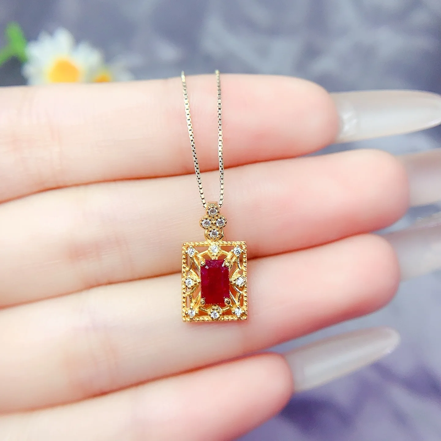 KJJEAXCMY Girl 4x6mm Natural Ruby Necklace Pendant, New 925 Pure Silver Plated Gold Clearance Sale, Gift for Girlfriend Christma