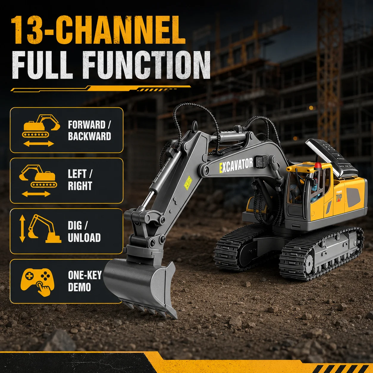3-in-1 13-Channel RC Excavator Toy, 2.4GHz Remote Control Construction Vehicle with Replaceable Alloy Attachments, 680° Rotating Cab, Digging Action, Lights, Sounds and One-Key Auto Demonstration