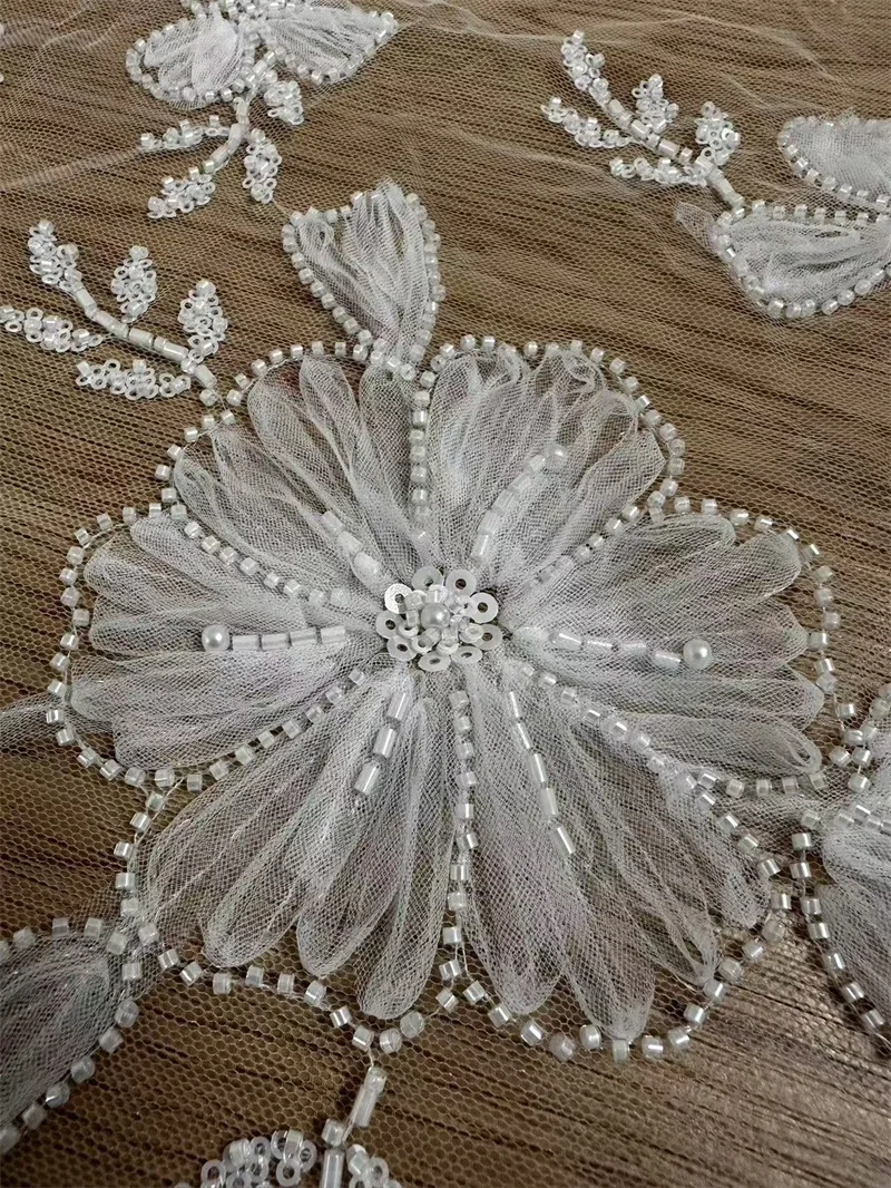 White 3D Unique Wedding Dress Lace Fabric Embroidered French Lace Fabric Sell By Yard