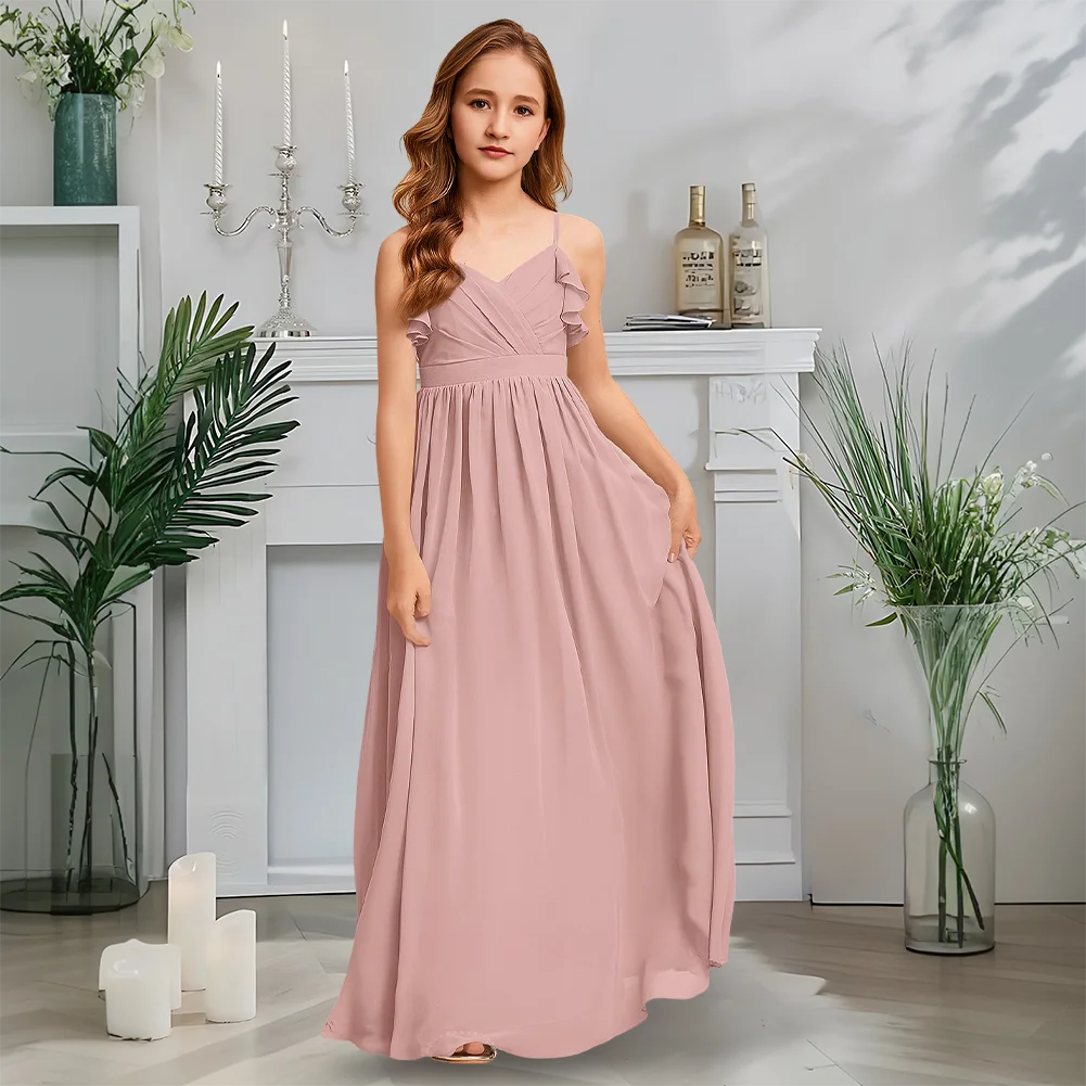 

Luxurious A-Line Junior Bridesmaid Dress Twilight Blue Flower Girl Dress V-Neck Chiffon Floor-Length Garden Gala Wedding Party