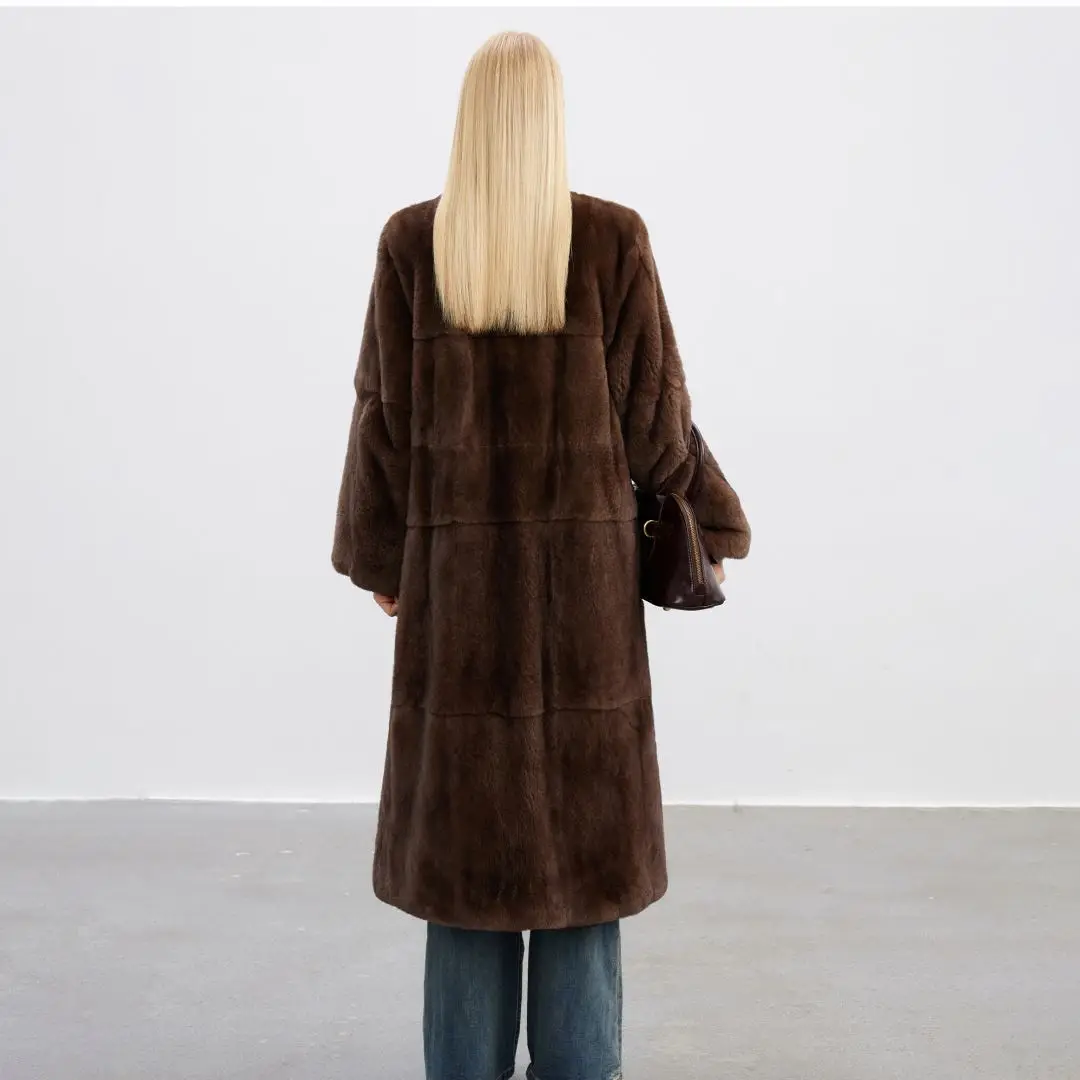 115cm Long Real Rex Rabbit Fur Coat V-neck Women Winter Fashion Wholeskin Genuine Rex Rabbit Fur Coats Luxury Outwear Woman