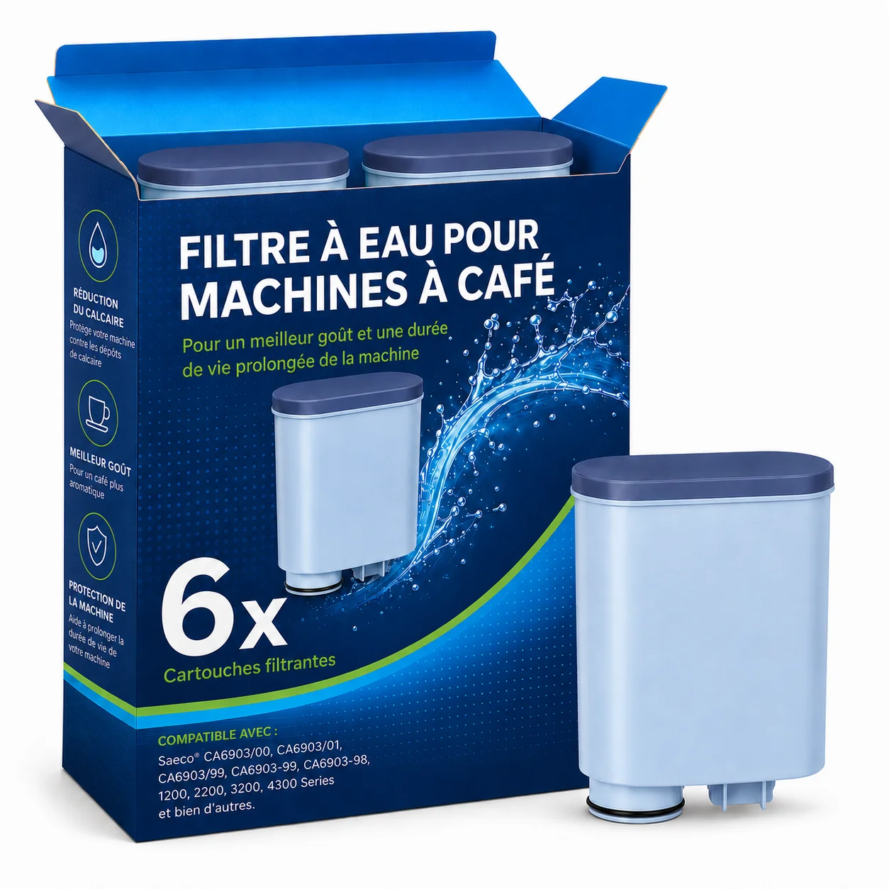 Reimol Pack de 6 filtres à eau pour cafetière compatible avec Philips AquaClean, filtre pour machine à expresso 3200, adapté aux cafetières automatiques, filtre anti-calcaire dédié (CA6903)
