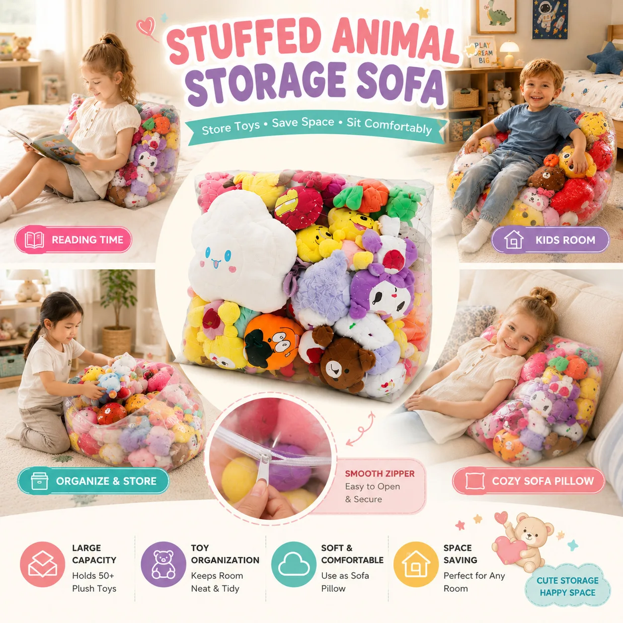 1ps Stuffed Animal Storage Bean Bag Chair for Kids, Large Toy Organizer Sack, Cozy Seat Sofa for Playroom Bedroom image 5