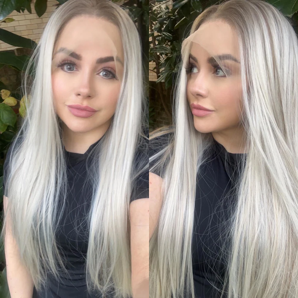 Heat Safe Synthetic Fiber Ash Roots Straight Lace Front Wig Platinum Grey Highlights Wig HD Lace Perfect Quality for Daily Use