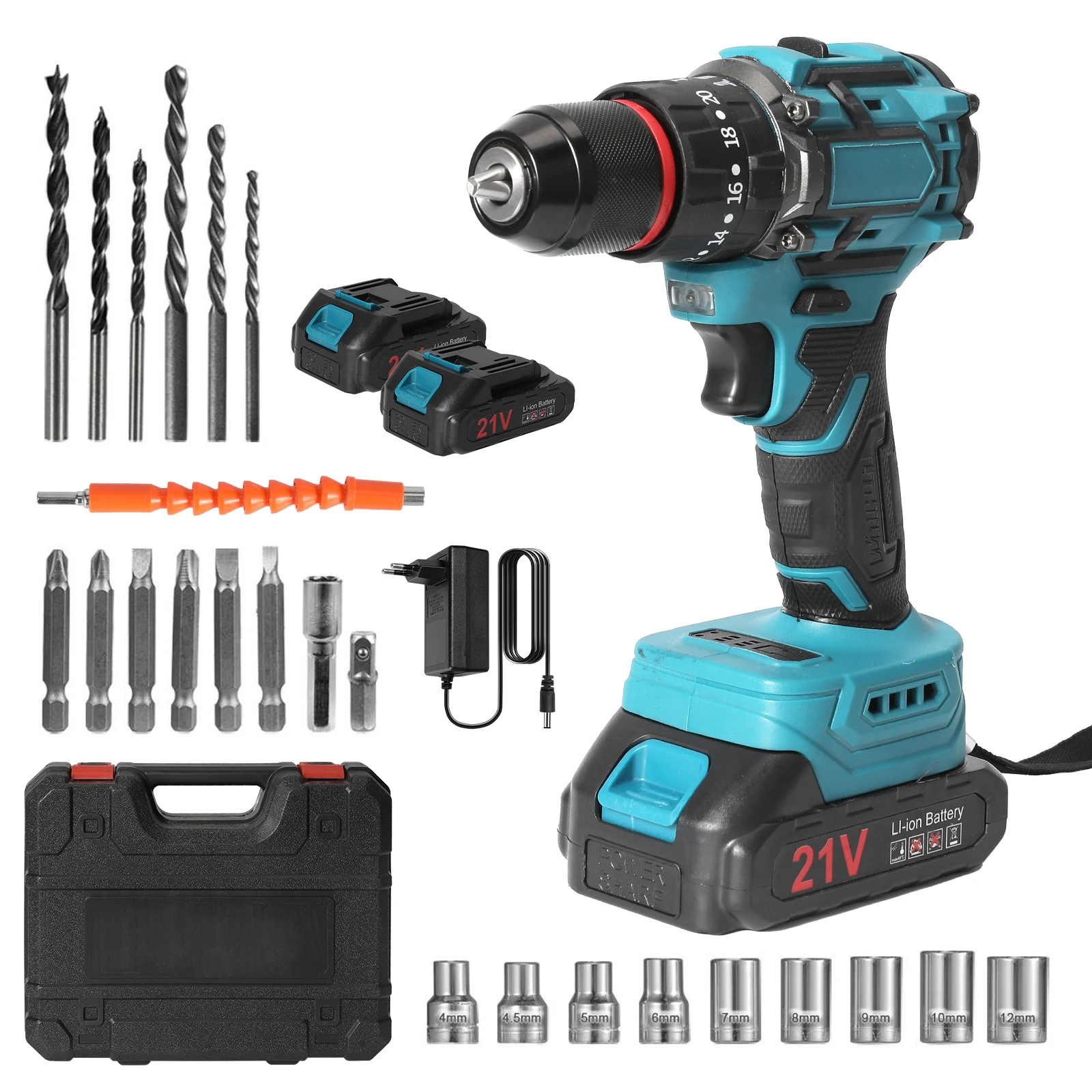 Vremota 21V accuboormachine huishoudelijk multifunctioneel elektrisch gereedschap 2-speed oplaadbare elektrische schroevendraaier lithiumbatterij