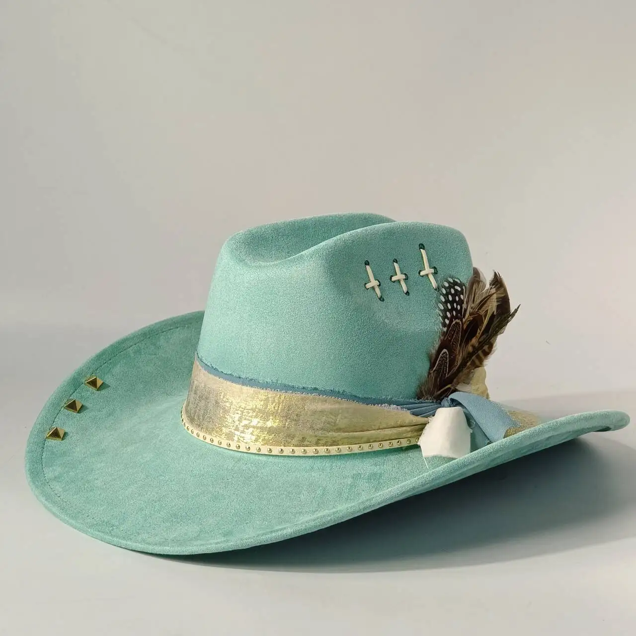 Suede Denim Hat Men's Distressed Hat Studded Decoration Women's Handmade Sewn Hat Vintage Fashion Punk Style, Equestrian Par 2