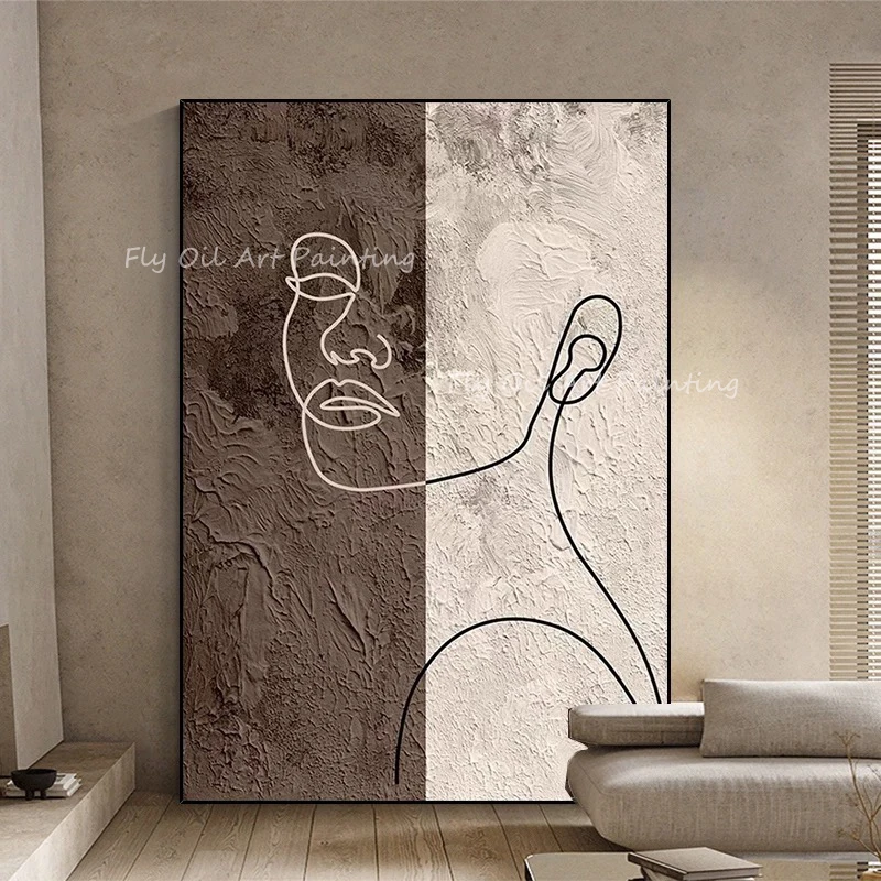 

Large Size modern simple line figure women face abstract brown canvas 100% Handpainted oil painting for home decoration gift