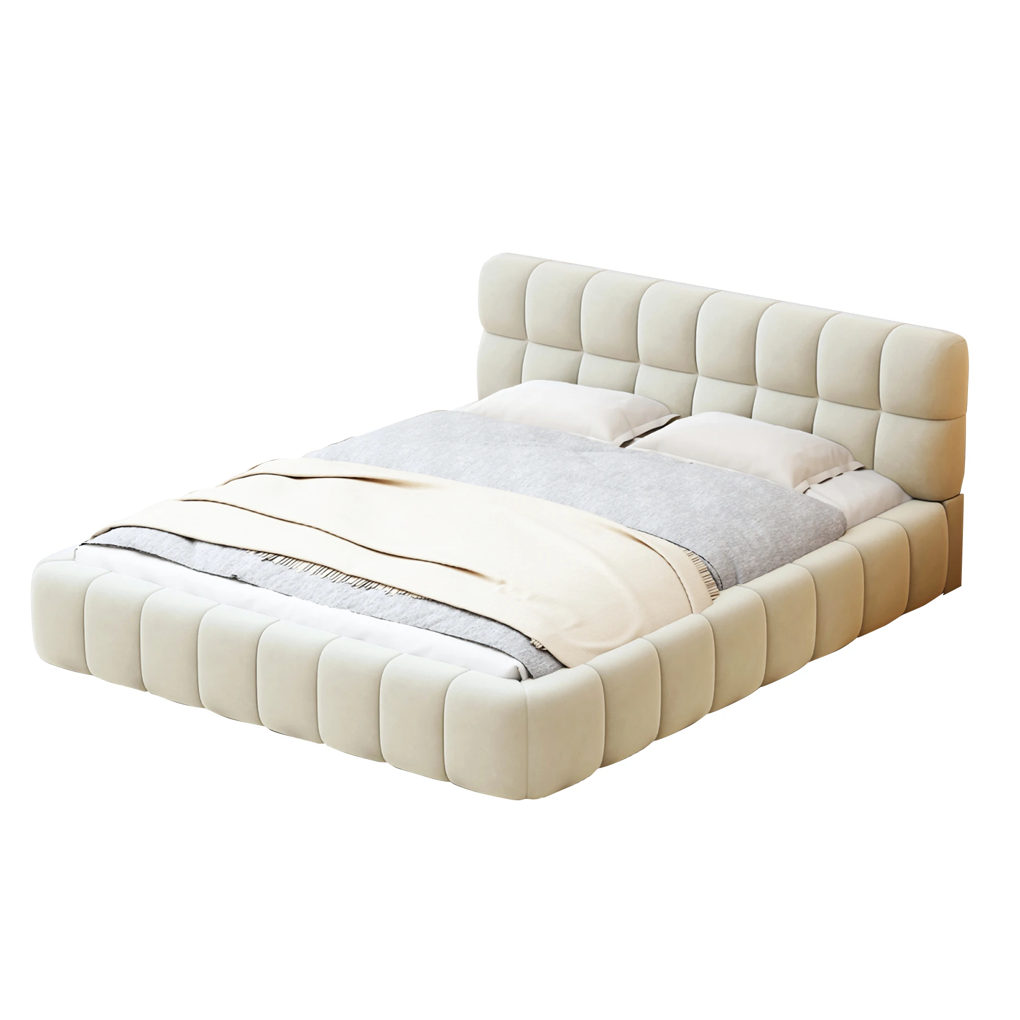 Polsterbett 140x200 cm, Doppelbett Flachbett, gepolsterte Rückenlehne und Rahmen, stabiler Bettrahmen ohne Matratze, für Schlafzimmer, Jugend, Leinenbeige