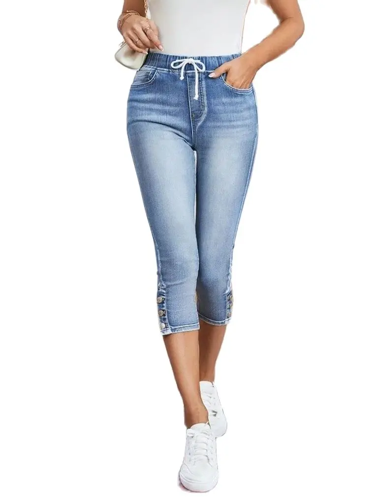 

2023 Summer Women's Calf-Length Jeans Fashion Skinny High Stretch Elastic Waist Denim Pencil Pants Casual Slim Jeans S-2XL