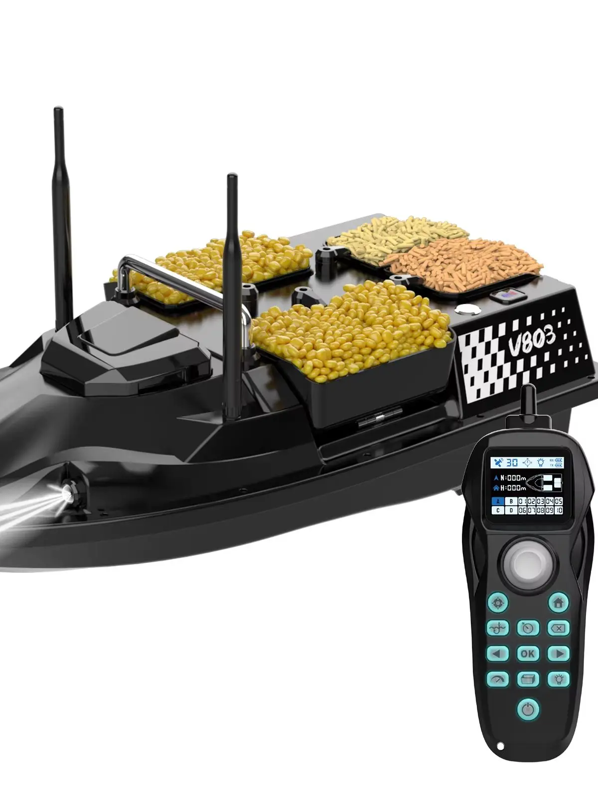 Flytec V803 GPS RC Köderboot zum Angeln mit 4 Köderkammern, 500m Reichweite, automatische Rückkehr bei niedrigem Batteriestand, 200 Wegpunkte, 3KG maximale Ladekapazität, 12000mAh, zum Ködern und