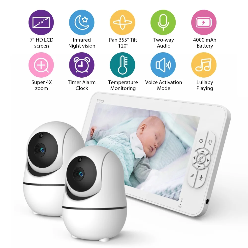 7 Inch Video Baby Monitor HD Split Screen with 2 Cameras Pan Tilt 4X Zoom 2 Way Audio Night Vision 4000mAh Battery Babysitter