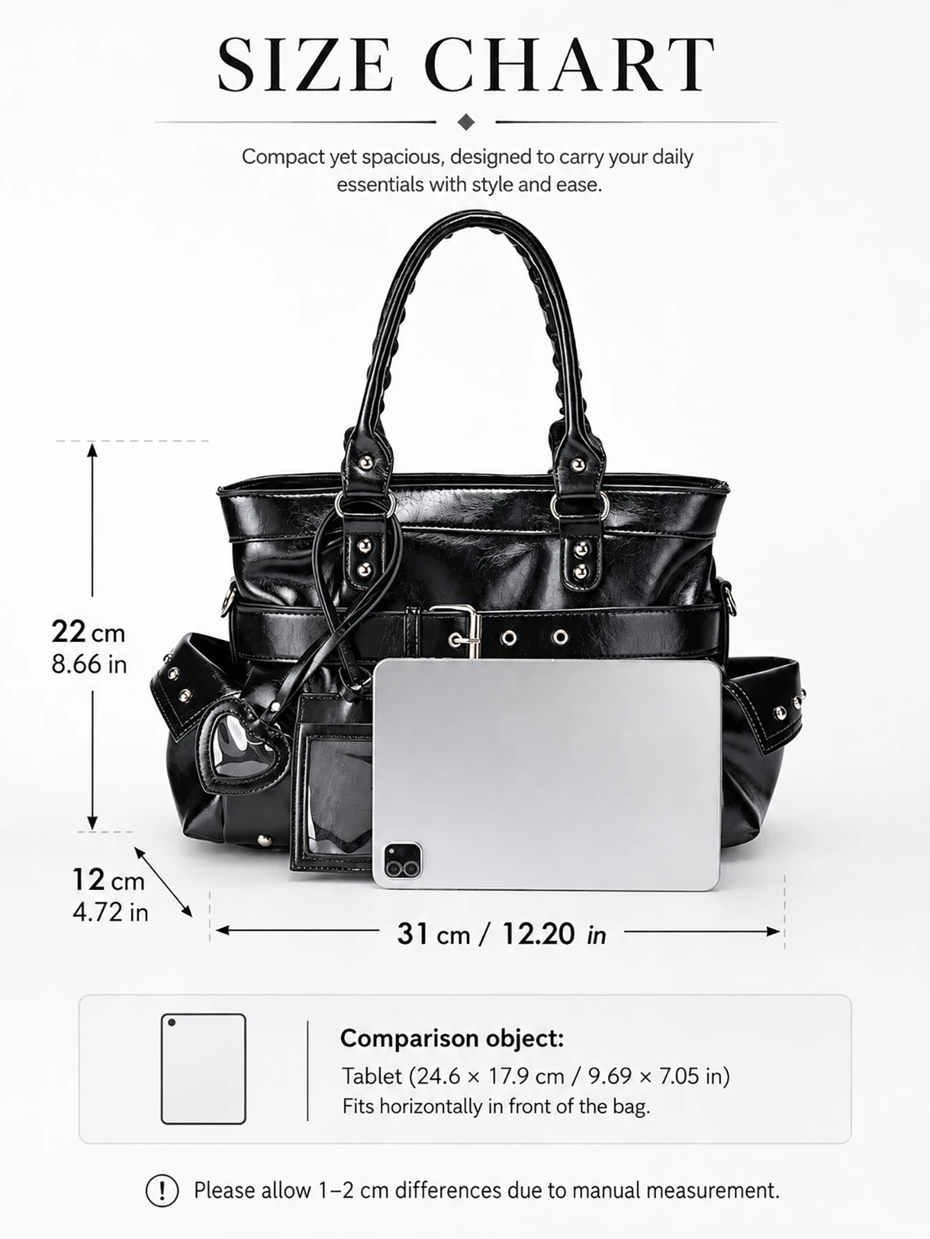Y2K Schwarze PU-Leder Tragetasche für Damen, Glänzende Coole Große Kapazität Handtasche, Schulter-Umhängetasche für Tägliche Reisen – Detail 3