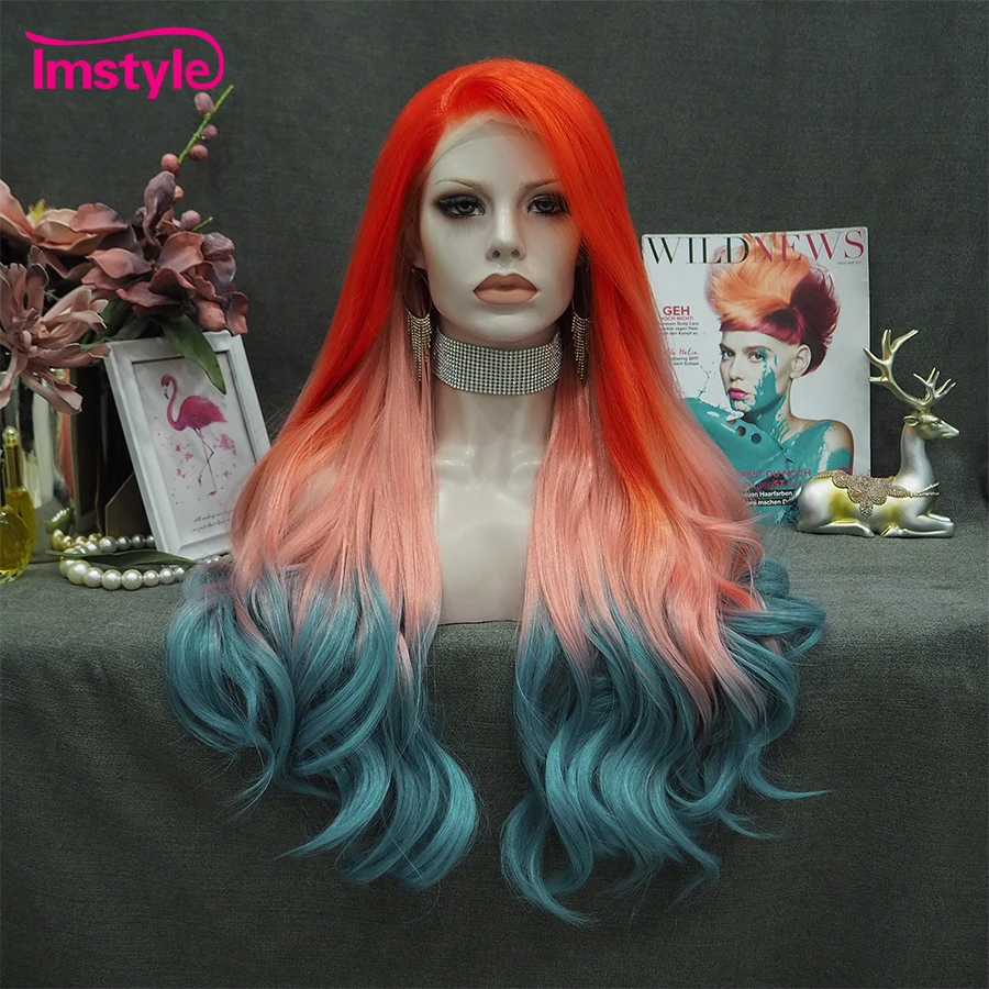 Imstyle Ombre Orange Blue Wig Synthetic Lace Front Wig Long Wavy Wig Cosplay Wigs For Women Heat Resistant Fiber