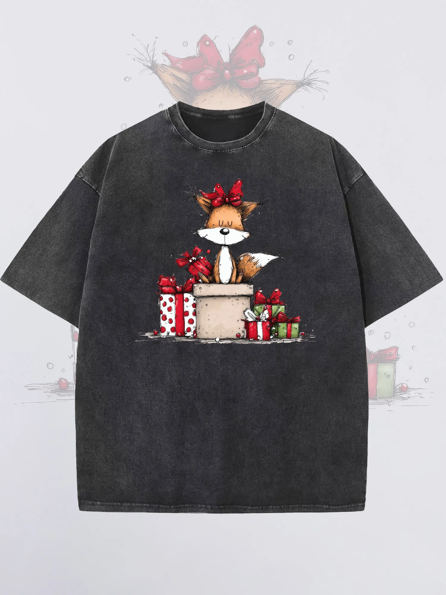 

Men's T-Shirts Christmas Fox Printed Black Short-Sleeved Round Neck Loose Summer 100% Cotton Acid-Washed Finish Christmas