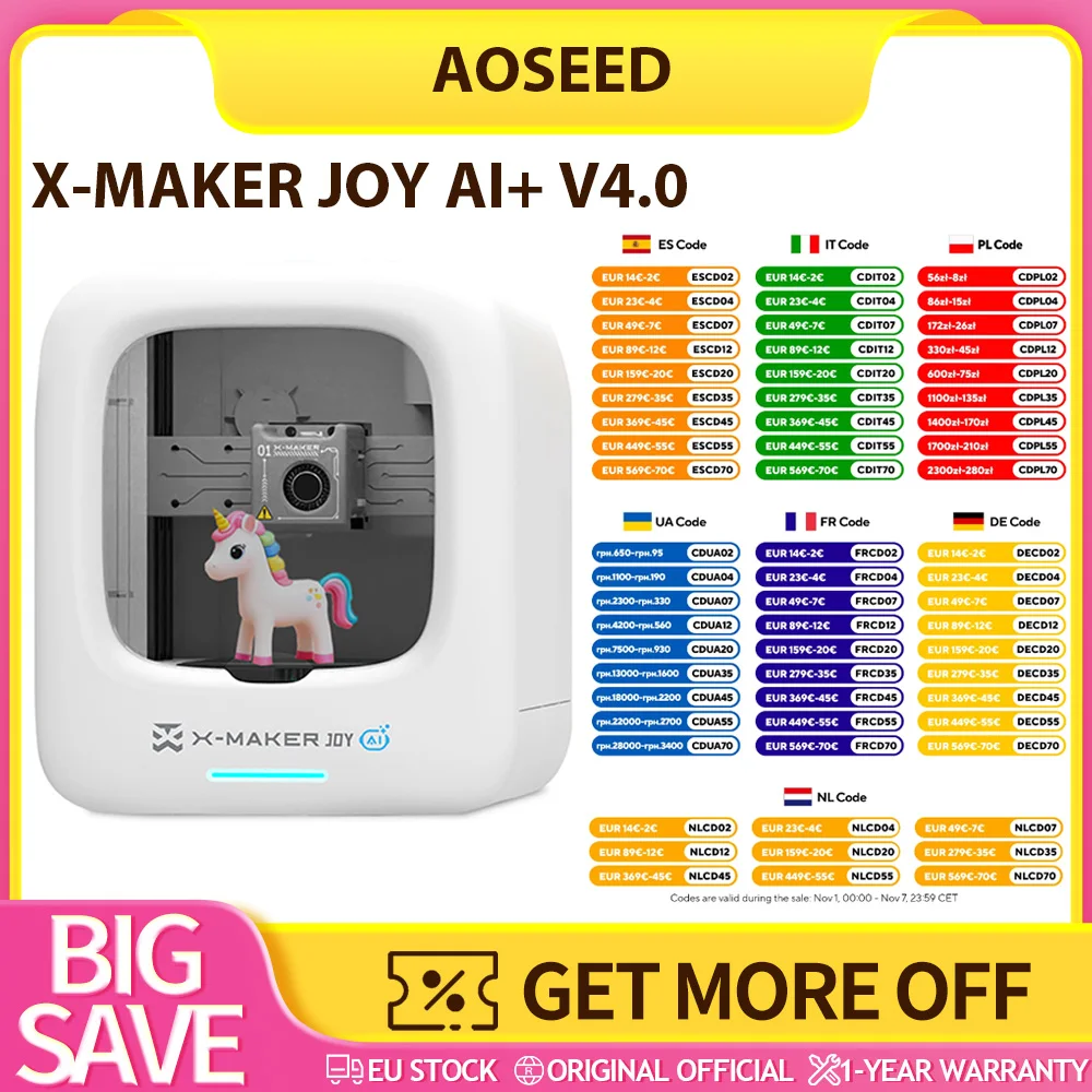 AOSEED X-MAKER JOY AI+ V4.0 3D-printer voor kinderen, 300 mm/s afdruksnelheid, 120x120x120 mm bouwvolume, 260 ℃ Mondstuktemperatuur, Wi-Fi en app-bediening, volledig gesloten, moeiteloos en