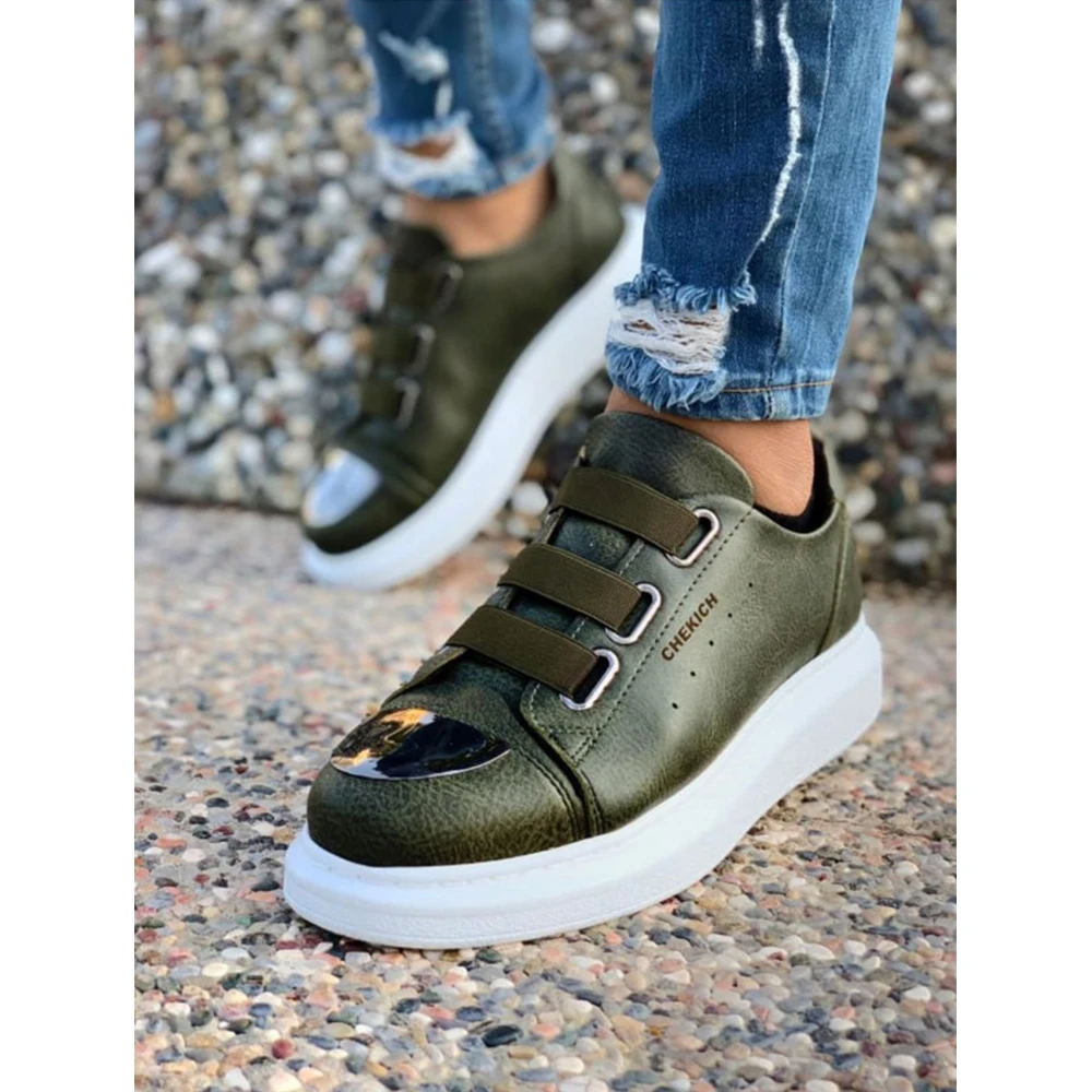 FOH Store Men's Shoes GREEN Color Elastic Band Closure Artificial Leather Spring and Autumn Seasons Slip On Comfortable 2023 Fashion Wedding Orthopedic Suits Comfort Unisex Lightweight Casual Odorless Breathable 251