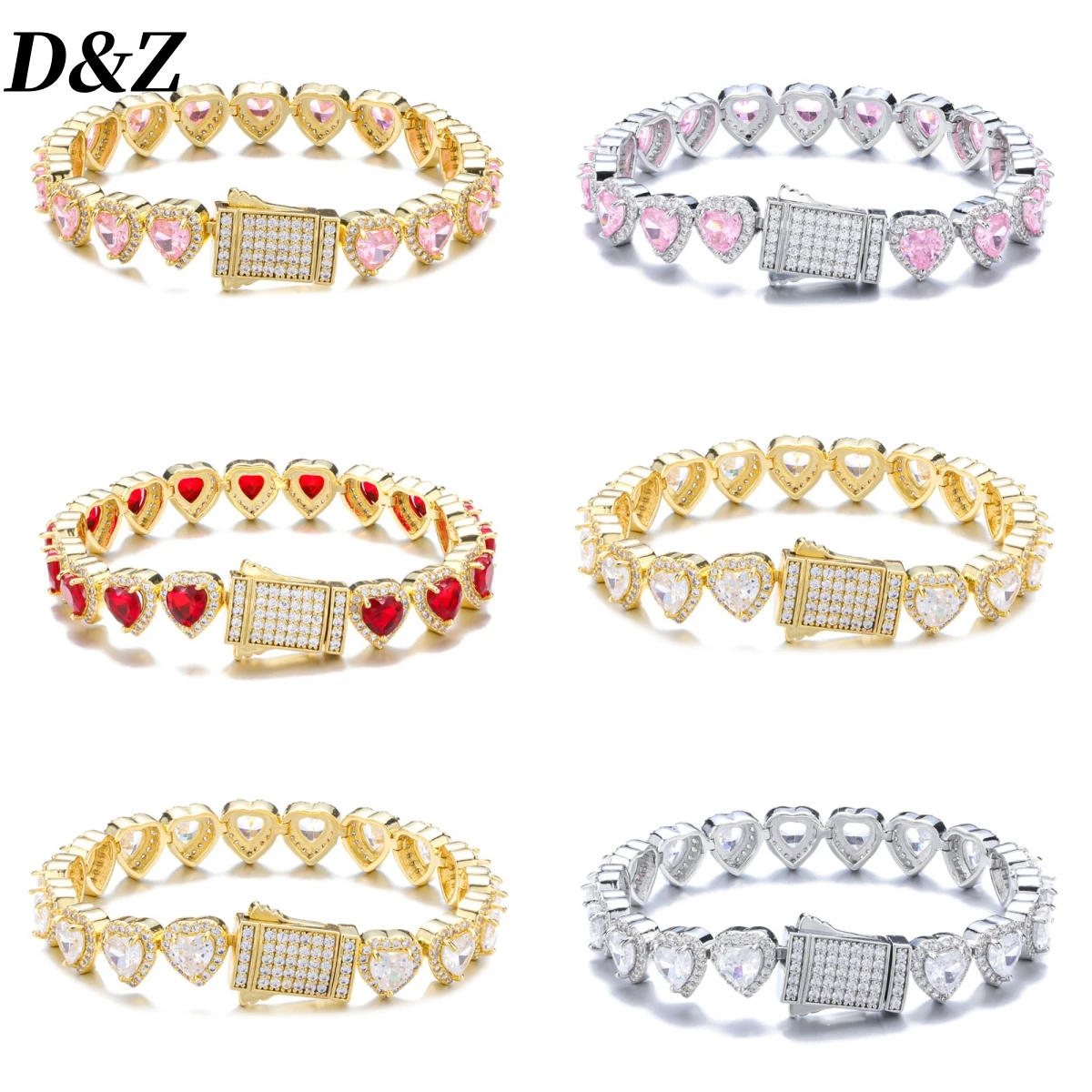 D&Z New Colorful Iced Out Crystal Heart Chain Bracelet For Men Women Hip Pop Luxury Full Of Micro Zircon Rapper Charm Jewelry