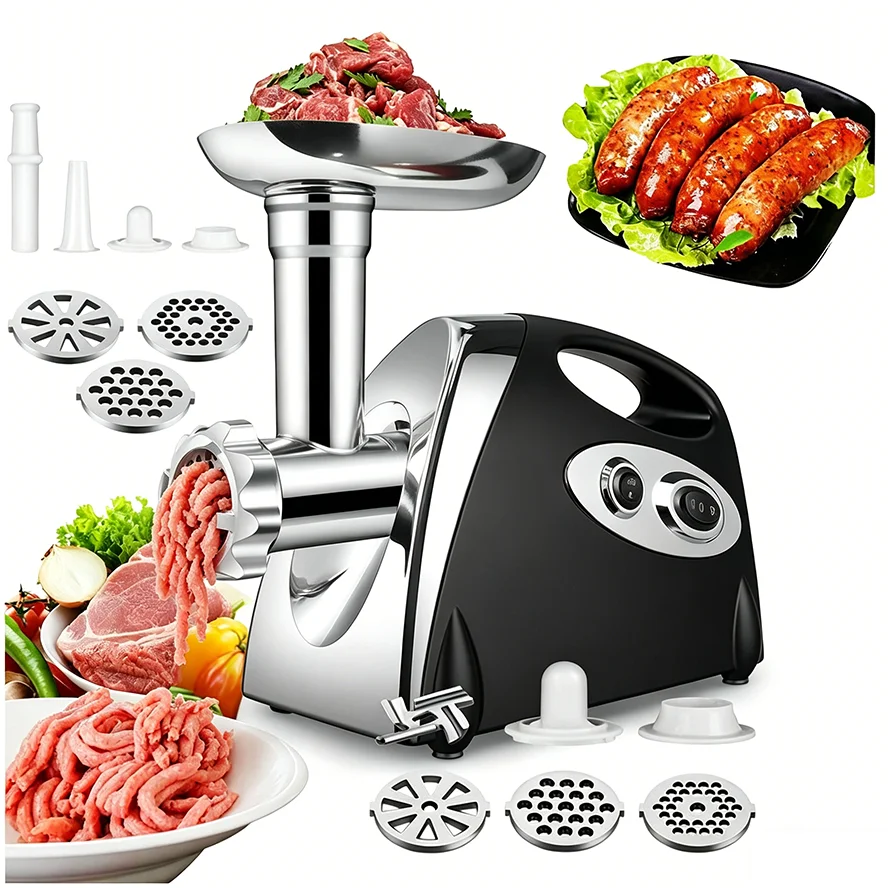 Picadora de carne eléctrica de 2800W máx., embutidora de salchichas de alta resistencia con 3 placas de corte, capacidad de 80kg/h para carne de res, pollo, cerdo, ajo, chile, máquina procesadora de alimentos para cocina casera