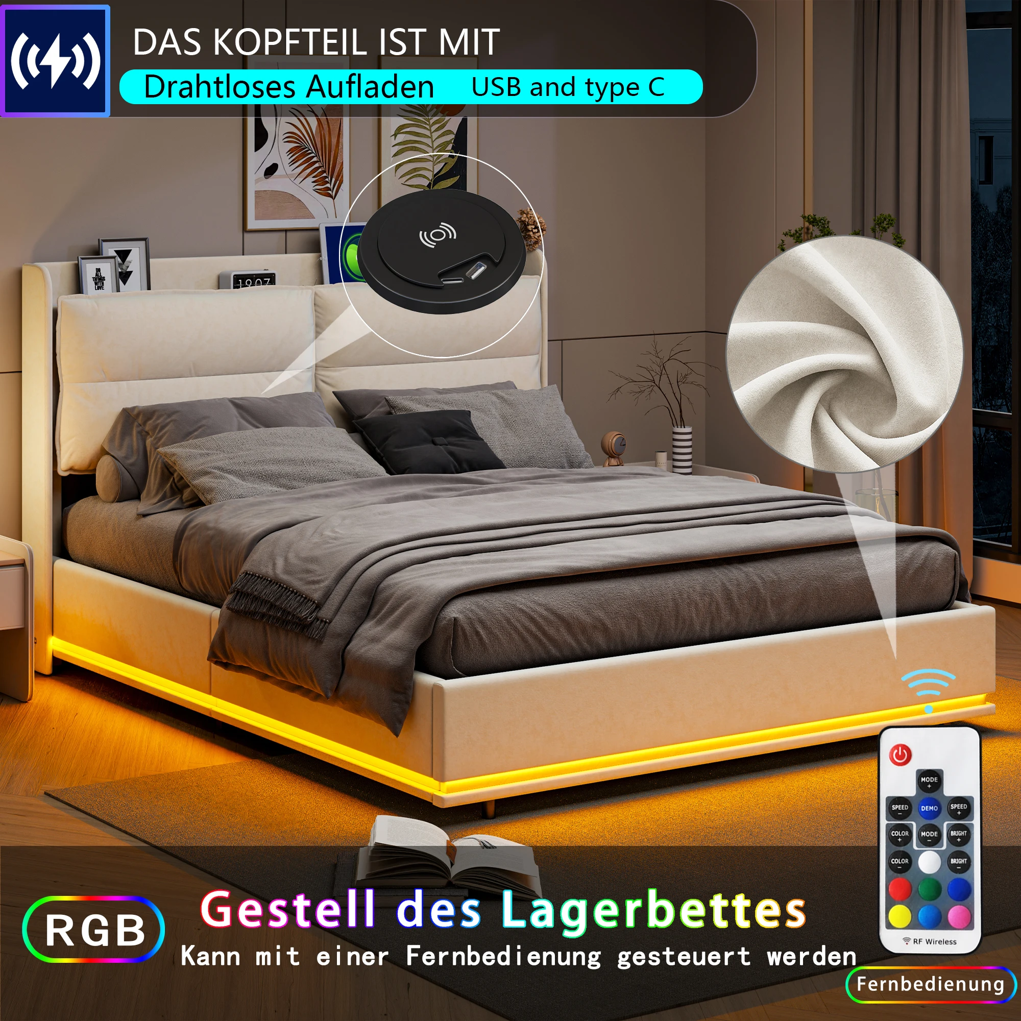 Aura in legno 140×200 cm Letto imbottito letto matrimoniale idraulico con luci a LED e rete a doghe con testiera schienale