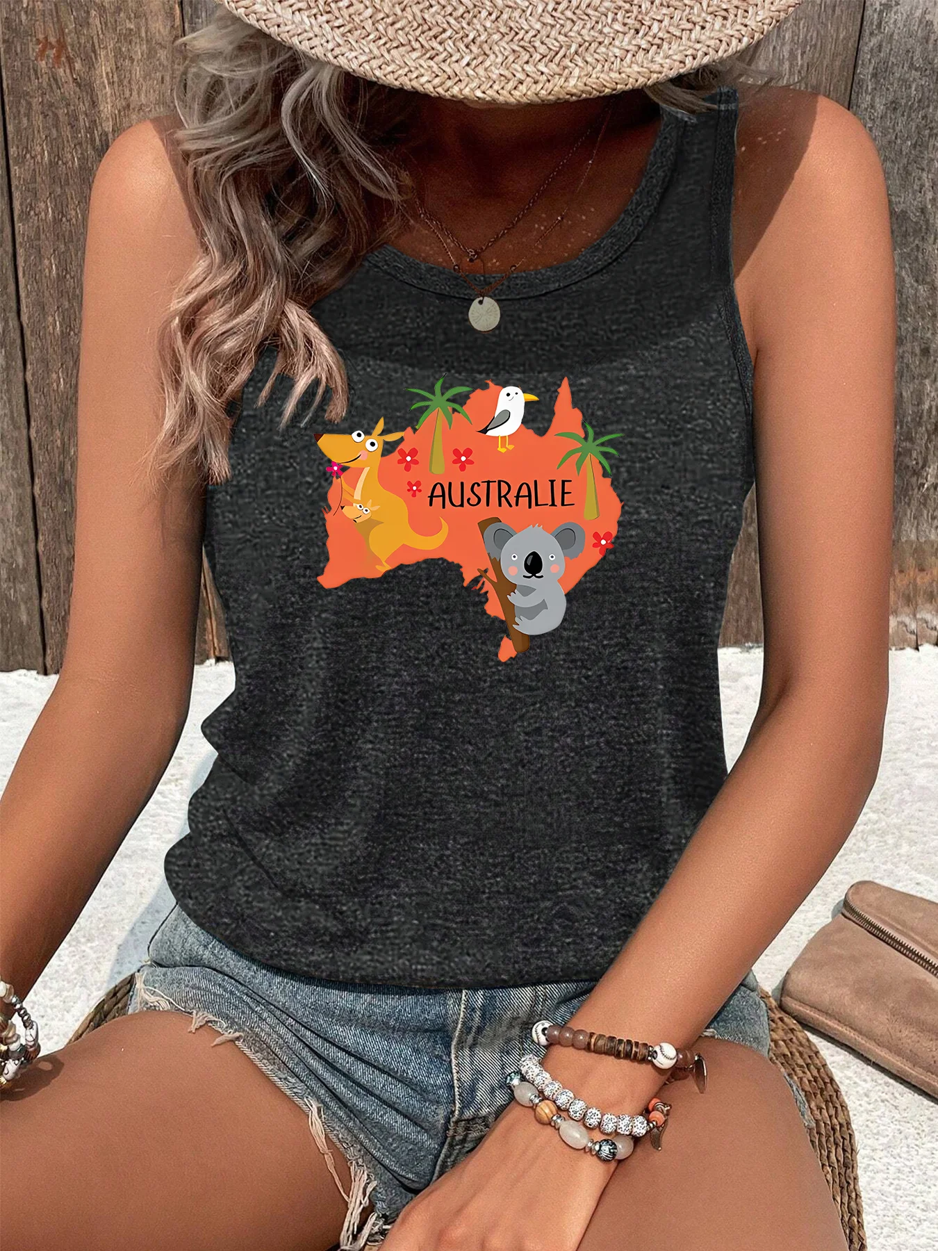 Australian Animal Kangaroo Letter Print Fashion Funny Sports Women Tank Top Loose O Neck Sleeveless Casual Tank