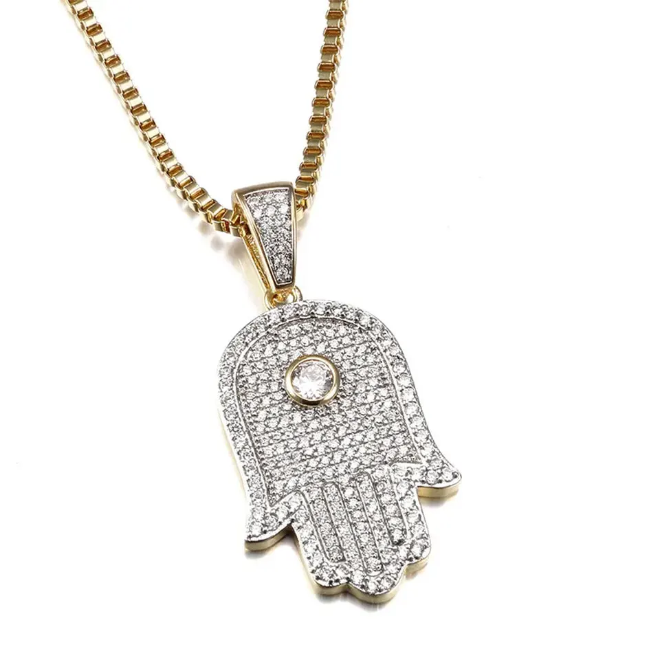 

Hamsa Hand Necklaces Pendants Iced Out White Cubic Zircons High Quality Amulet Hand of Fatima Fashion Hip Hop Jewelry