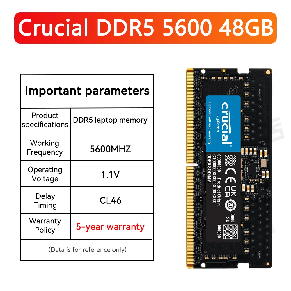 Crucial DDR5 RAM 32GB 5600MHZ 48GB 96GB DDR5 262pin SO-DIMM Memory 5600MHz Laptop Memory for LEGION Laptop Notebook Ultrabook