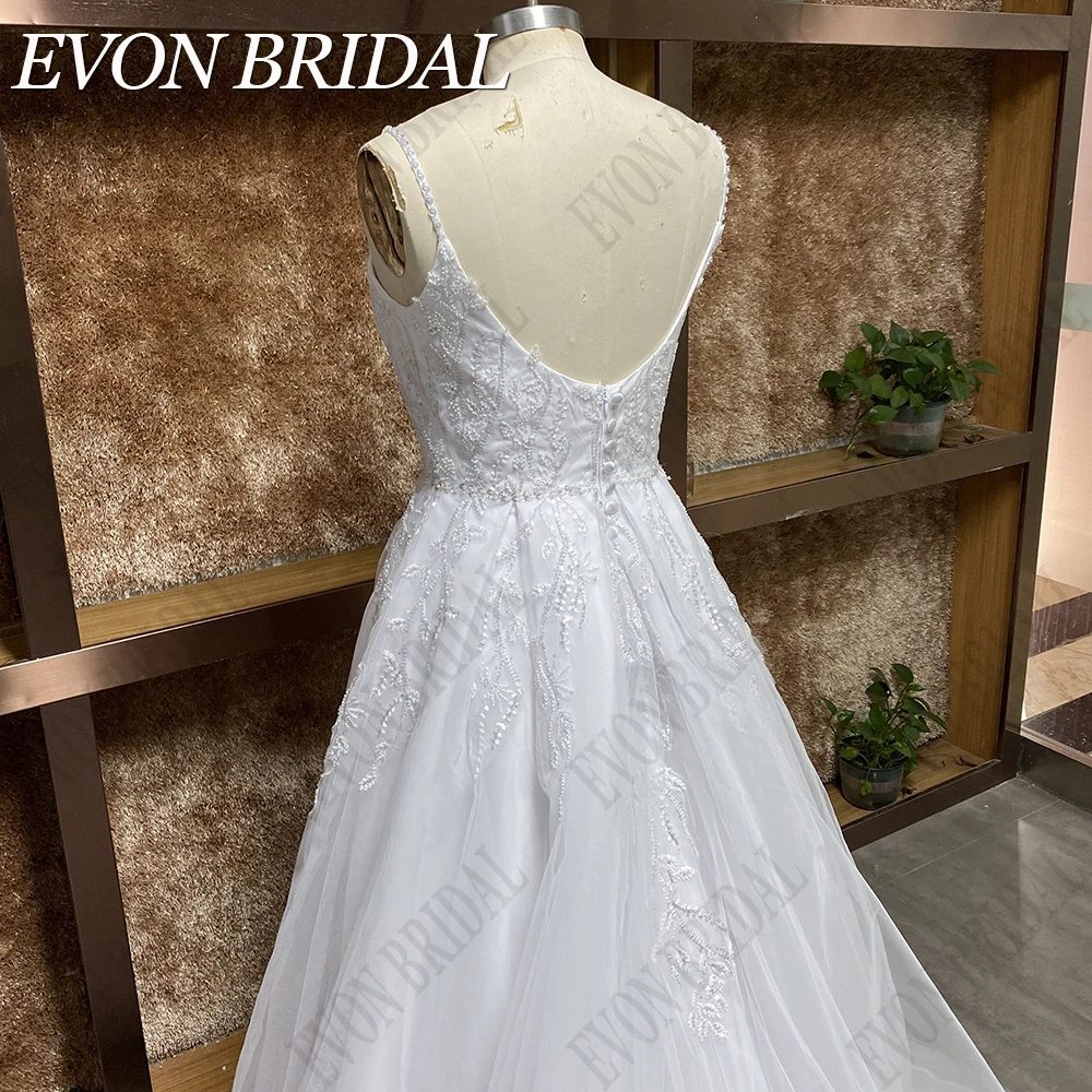 EVON BRIDAL Koronkowe Koraliki Suknie ślubne Dla Kobiet Bez pleców Księżniczka vestido de casamento Spaghetti Paski V-Neck Suknie panny młodej 2024 Eleganckie A-Line Aplikacje Prawdziwe zdjęcie Plus Size Suknia ślubna