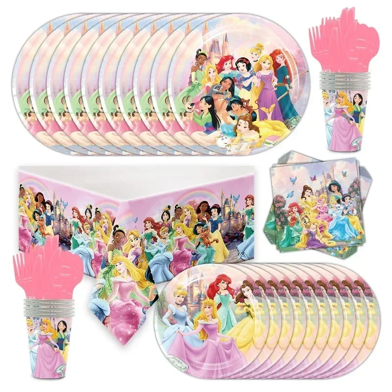 Disney festa de aniversário infantil rosa princesa tema descartável talheres bandeira puxando balão