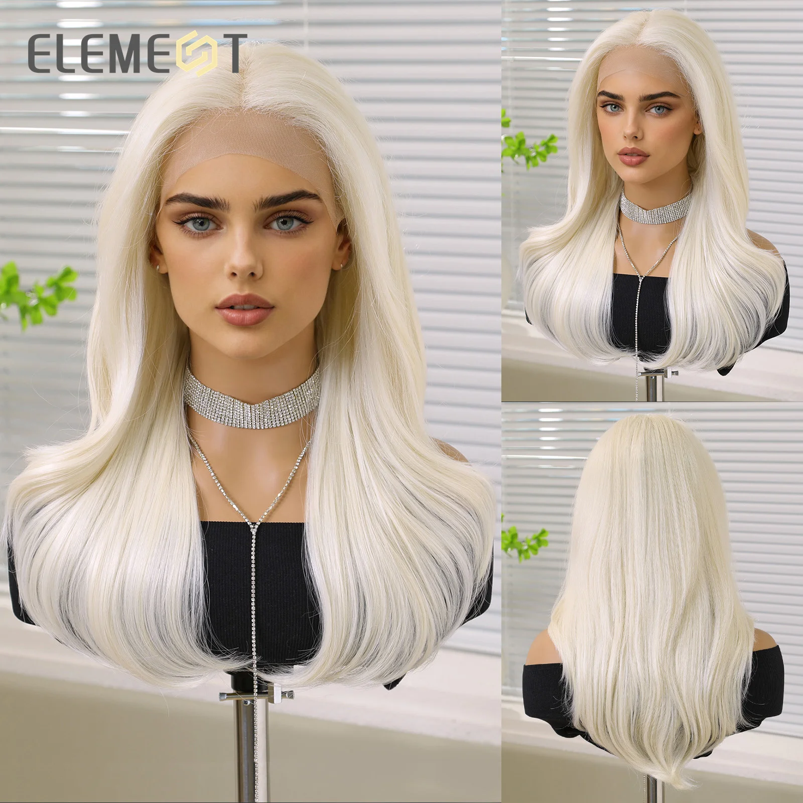 ELEMENT 13*4 Style Lace Front Wigs Synthetic Hair Long Water Wavy Middle Part White Hair Wig Daily Party for Women Natural Use