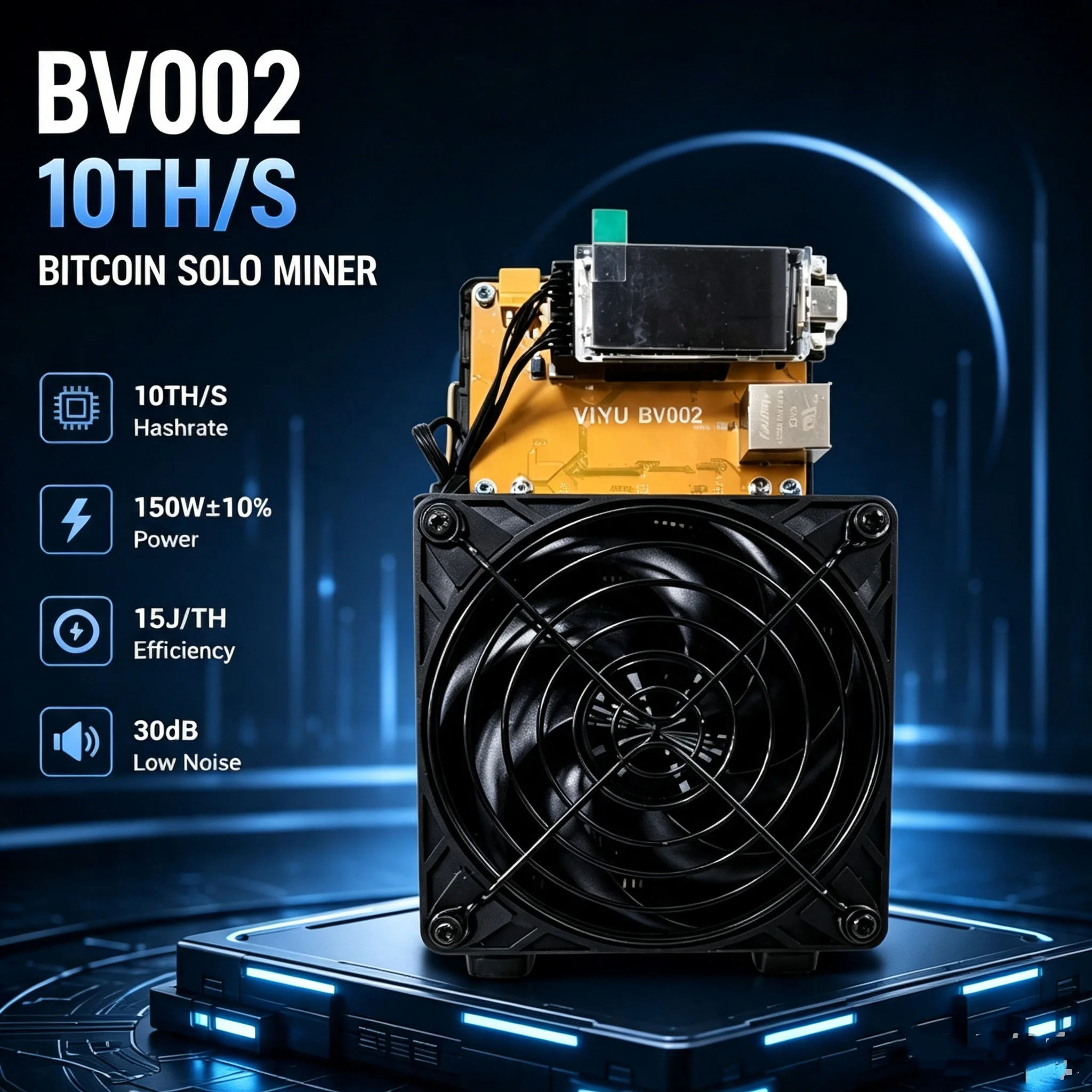 BV002 10TH/s BTC Bitcoin Miner BM1373 ASIC Solo Mining Machine, SHA-256 Algorithm, 15J/TH Energy Efficiency Quiet Home Miner