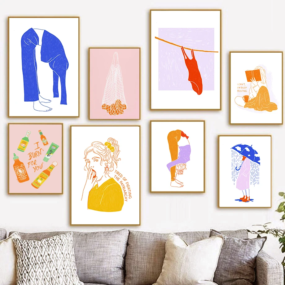 

Orange Lazy Girl Fruit Net Book Girl Blue Umbrella Reductive Abstraction Fashion Wall Art Canvas Painting Nordic Poster Decor