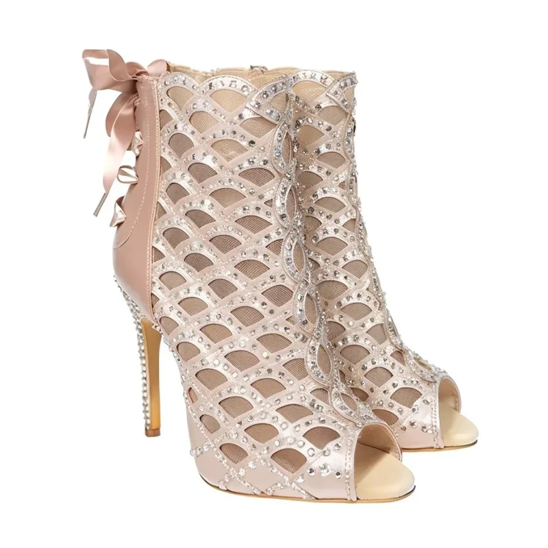 Chaussures de danse couleur peau pour femmes, semelle en daim, bottes de danse pour salle de bal, chaussures à talons aiguilles Jazz, bout ouvert, talons de danse pour femmes, 8.5CM