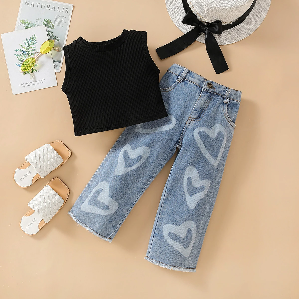 2024 Fashion Kids Girls Clothes Suits Solid Color Sleeveless Tank Tops and Heart Print Jeans Denim Pants Set Summer 2Pcs