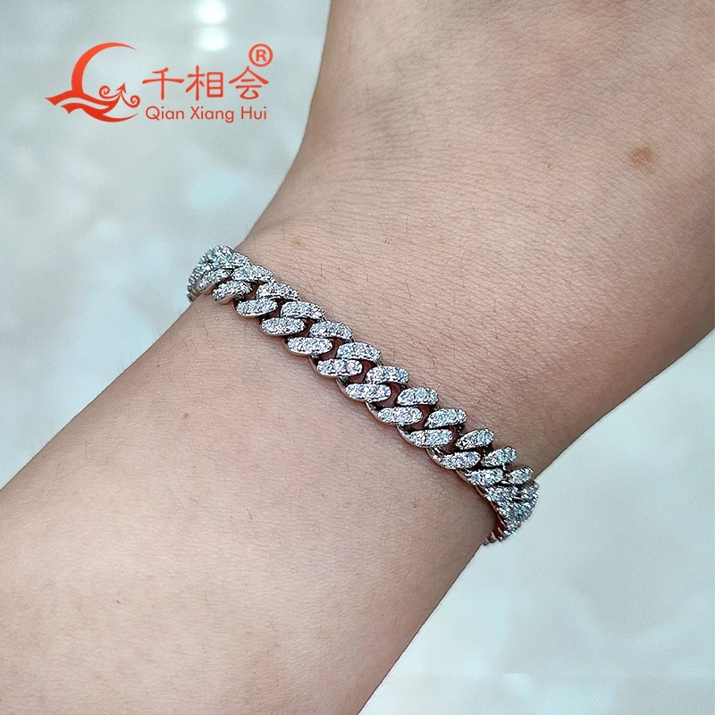 Bracelet  6mm width half moon Sterling Silver Cuban Chain Moissanite Diamond Hip Hop Style  925 Silver Miami Cuban Link Chain